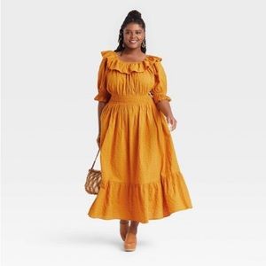 COTTAGECORE SHIRRED MUSTARD DRESS - XL